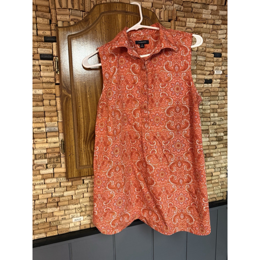 Lands' End Womens Paisley Sleeveless Collared Cotton Pullover Tunic Blouse Sz 12